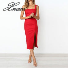 Charger l'image dans la galerie, 2020 New Fashion solid color sling open-forked casual dress women sleeveless ankle-length office dress