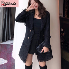 Charger l'image dans la galerie, Vintage Notched Collar Tweed Tassel Patchwork Jacket Women Black Casual Double-Breasted Jackets Long Sleeve Wool Outerwear