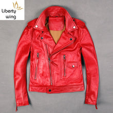 Charger l'image dans la galerie, Brand Women Lapel Genuine Leather Jacket High Quality Slim Fit Long Sleeve Sheepskin Coat Fashion Red Motorcycle Short Outerwear