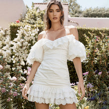 Charger l'image dans la galerie, Allyzozo Women Summer White Lace Strapless Dresses Streetwear Hollow Out Puff Sleeve Ruched Dress Clothing