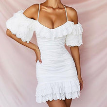 Charger l'image dans la galerie, Allyzozo Women Summer White Lace Strapless Dresses Streetwear Hollow Out Puff Sleeve Ruched Dress Clothing
